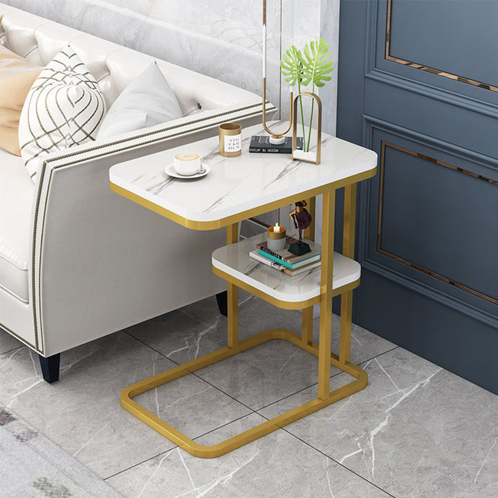 Mesa Auxiliar Rectangular Minimalista Moderna de MDF con Patrón de Mármol y Acero de 1/2 Nivel para Sala de Estar 