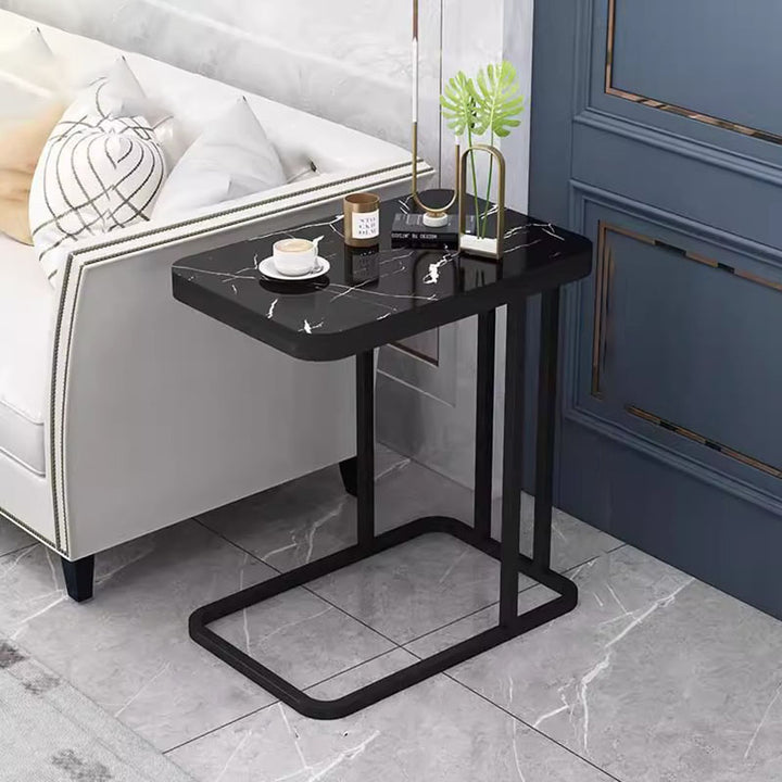 Mesa Auxiliar Rectangular Minimalista Moderna de MDF con Patrón de Mármol y Acero de 1/2 Nivel para Sala de Estar 