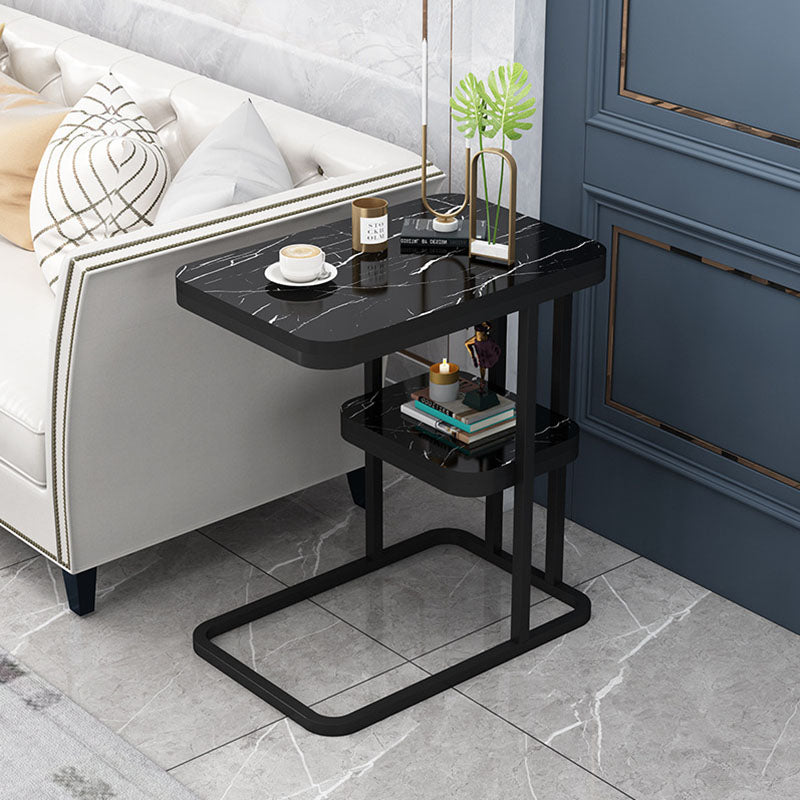Mesa Auxiliar Rectangular Minimalista Moderna de MDF con Patrón de Mármol y Acero de 1/2 Nivel para Sala de Estar 