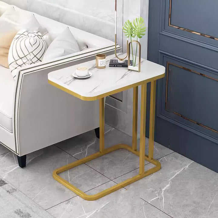 Mesa Auxiliar Rectangular Minimalista Moderna de MDF con Patrón de Mármol y Acero de 1/2 Nivel para Sala de Estar 