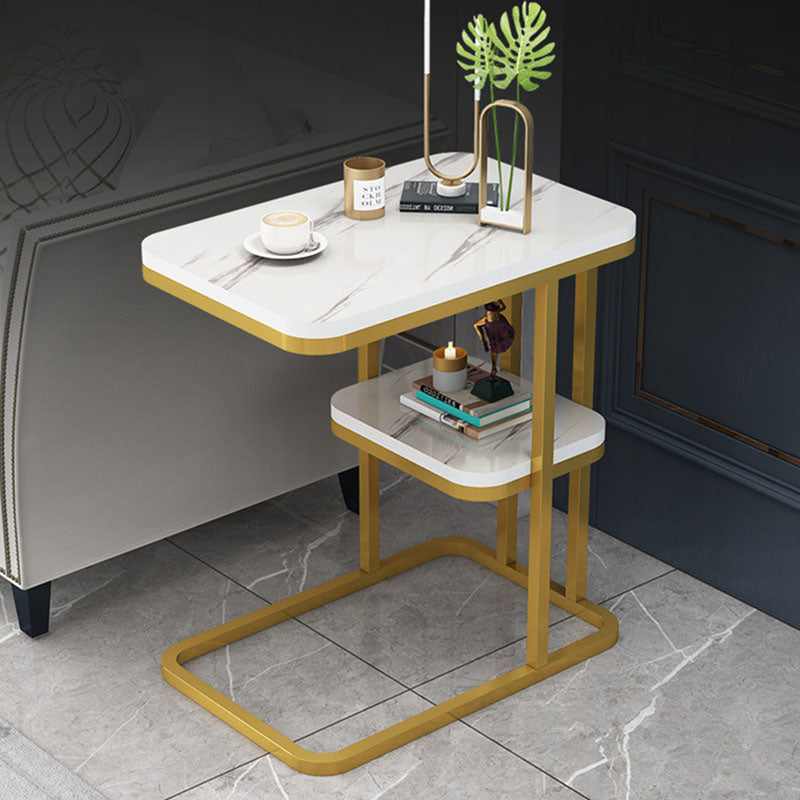 Mesa Auxiliar Rectangular Minimalista Moderna de MDF con Patrón de Mármol y Acero de 1/2 Nivel para Sala de Estar 