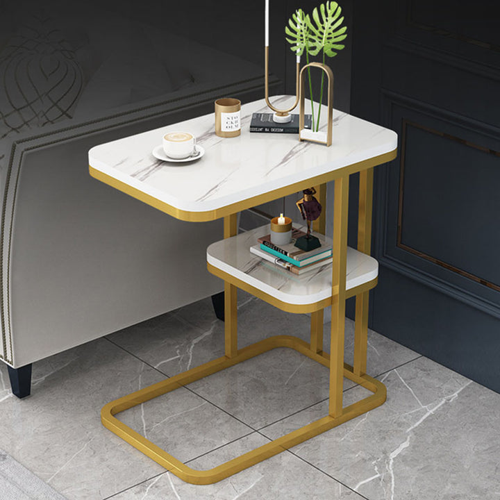 Mesa Auxiliar Rectangular Minimalista Moderna de MDF con Patrón de Mármol y Acero de 1/2 Nivel para Sala de Estar 