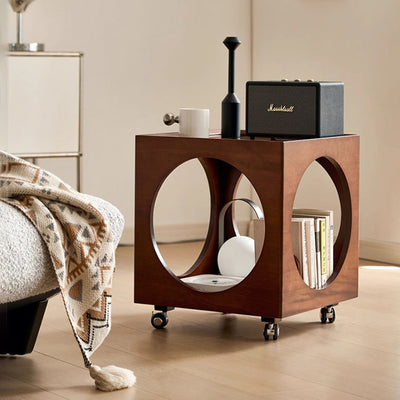 Traditional Japanese Rectangular Solid Wood Glass Rattan Side Table 1-Tier For Living Room