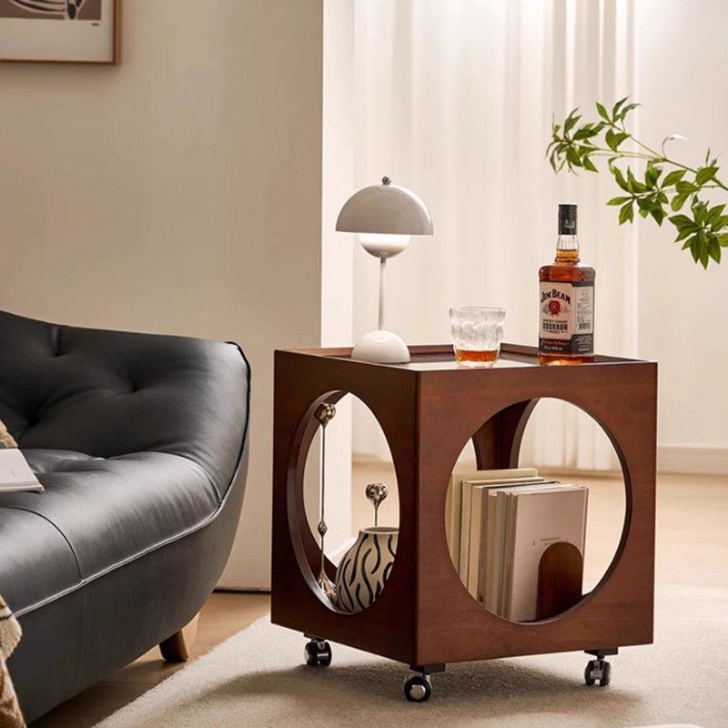 Traditional Japanese Rectangular Solid Wood Glass Rattan Side Table 1-Tier For Living Room