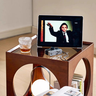 Traditional Japanese Rectangular Solid Wood Glass Rattan Side Table 1-Tier For Living Room