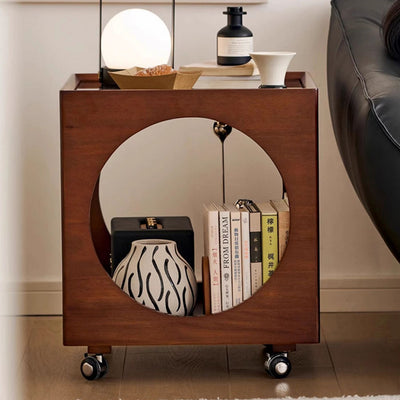 Traditional Japanese Rectangular Solid Wood Glass Rattan Side Table 1-Tier For Living Room