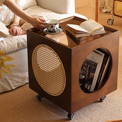 Traditional Japanese Rectangular Solid Wood Glass Rattan Side Table 1-Tier For Living Room