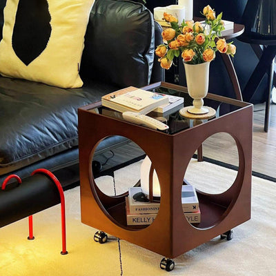 Traditional Japanese Rectangular Solid Wood Glass Rattan Side Table 1-Tier For Living Room