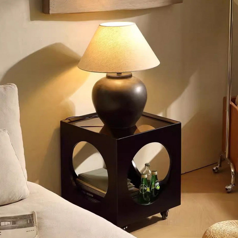 Traditional Japanese Rectangular Solid Wood Glass Rattan Side Table 1-Tier For Living Room