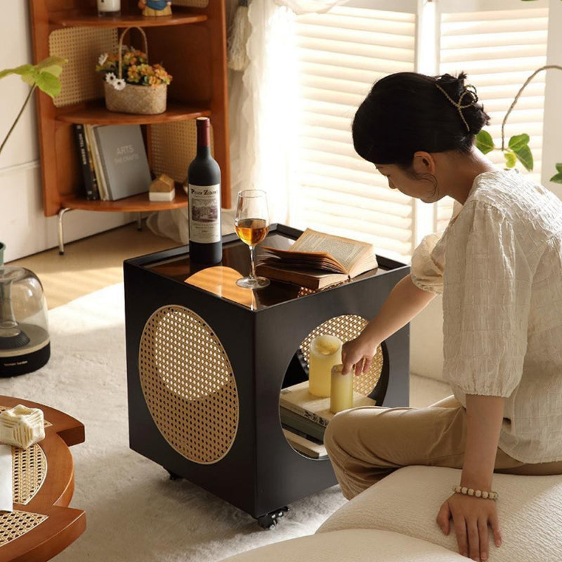 Traditional Japanese Rectangular Solid Wood Glass Rattan Side Table 1-Tier For Living Room