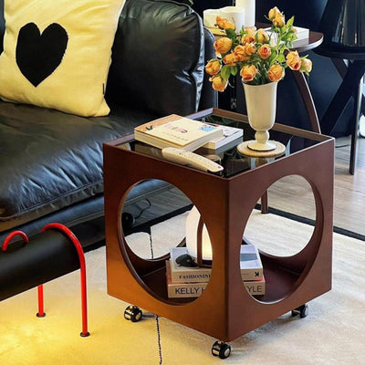 Traditional Japanese Rectangular Solid Wood Glass Rattan Side Table 1-Tier For Living Room