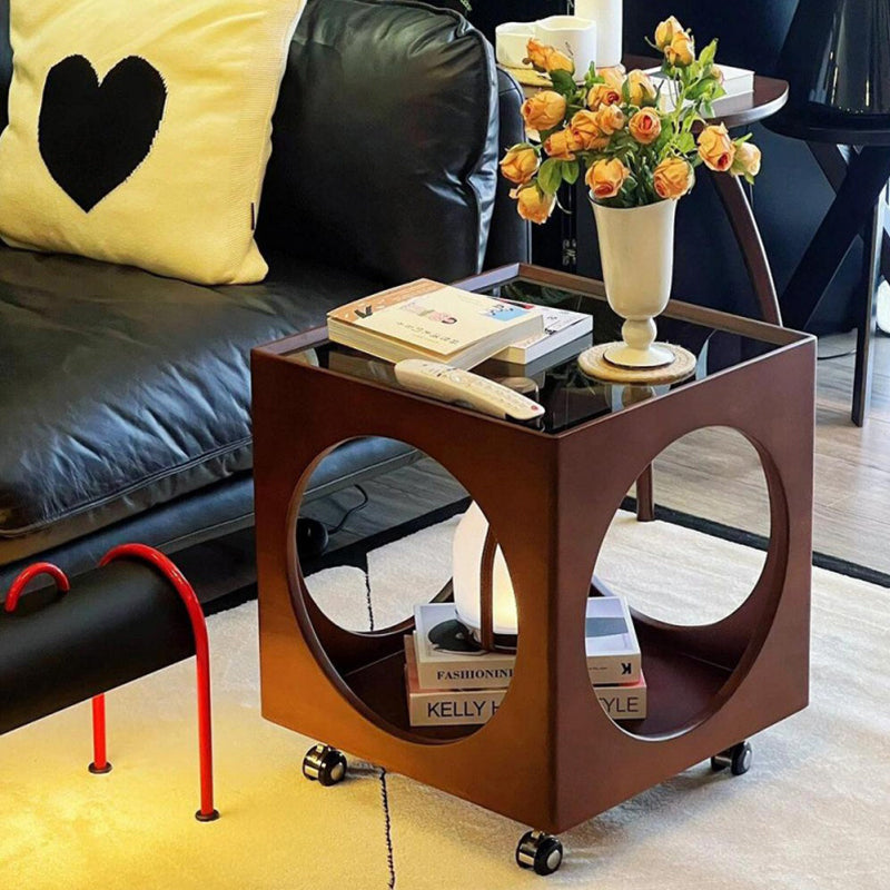 Traditional Japanese Rectangular Solid Wood Glass Rattan Side Table 1-Tier For Living Room