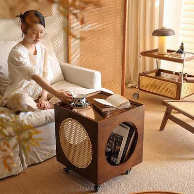 Traditional Japanese Rectangular Solid Wood Glass Rattan Side Table 1-Tier For Living Room