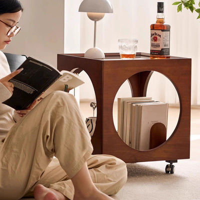 Traditional Japanese Rectangular Solid Wood Glass Rattan Side Table 1-Tier For Living Room