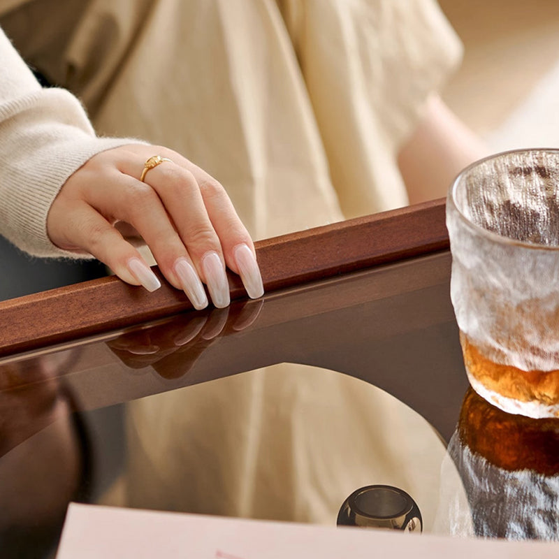 Traditional Japanese Rectangular Solid Wood Glass Rattan Side Table 1-Tier For Living Room
