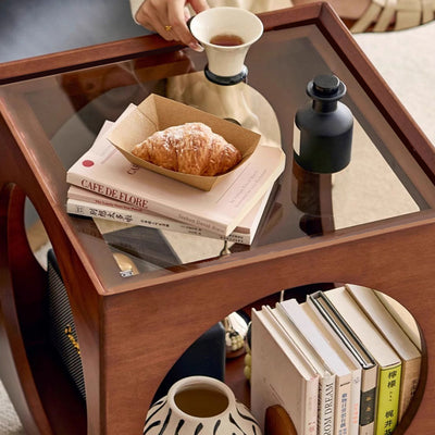 Traditional Japanese Rectangular Solid Wood Glass Rattan Side Table 1-Tier For Living Room