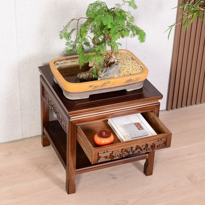 Traditional Chinese Rectangular Solid Wood Side Table With 1-Drawer For Living Room