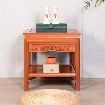 Traditional Chinese Rectangular Solid Wood Side Table With 1-Drawer For Living Room