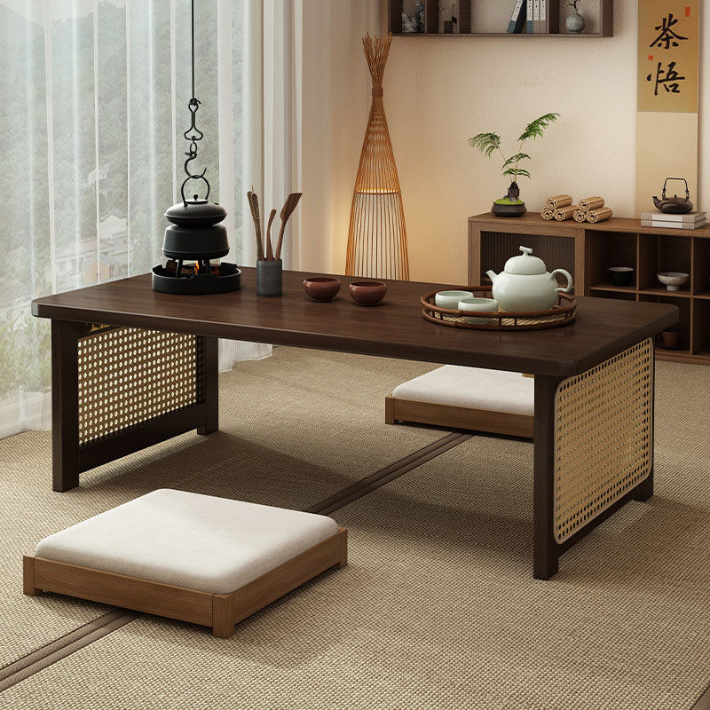 Traditional Chinese Rectangular Bamboo Rattan Coffee Table 1-Tier For Living Room