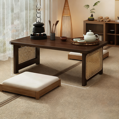 Traditional Chinese Rectangular Bamboo Rattan Coffee Table 1-Tier For Living Room