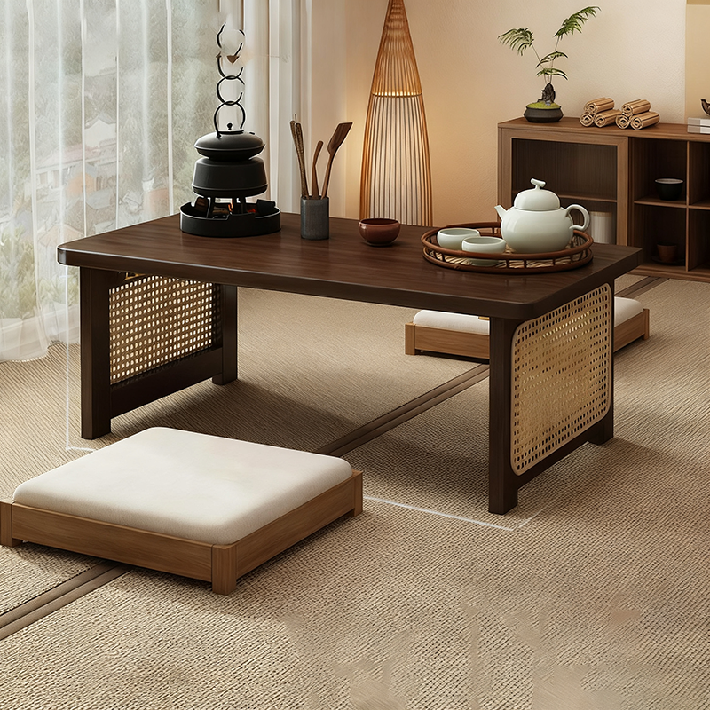 Traditional Chinese Rectangular Bamboo Rattan Coffee Table 1-Tier For Living Room