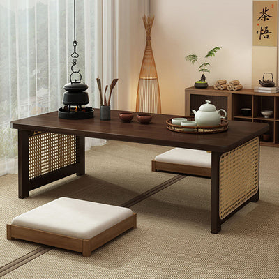 Traditional Chinese Rectangular Bamboo Rattan Coffee Table 1-Tier For Living Room