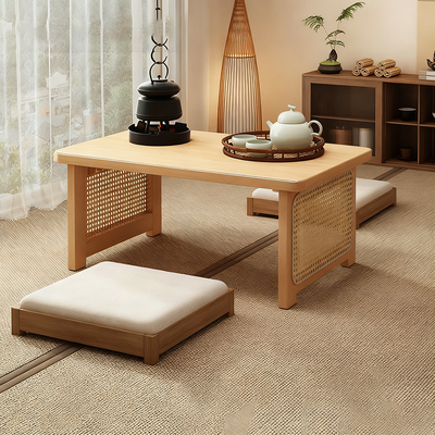 Traditional Chinese Rectangular Bamboo Rattan Coffee Table 1-Tier For Living Room