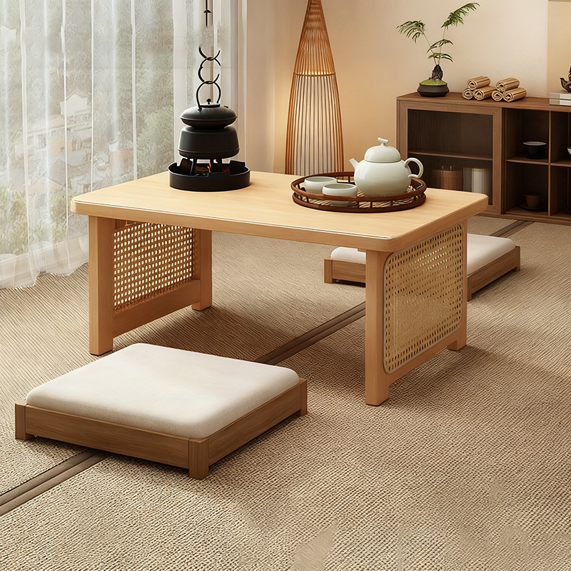 Traditional Chinese Rectangular Bamboo Rattan Coffee Table 1-Tier For Living Room