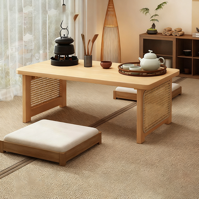 Traditional Chinese Rectangular Bamboo Rattan Coffee Table 1-Tier For Living Room