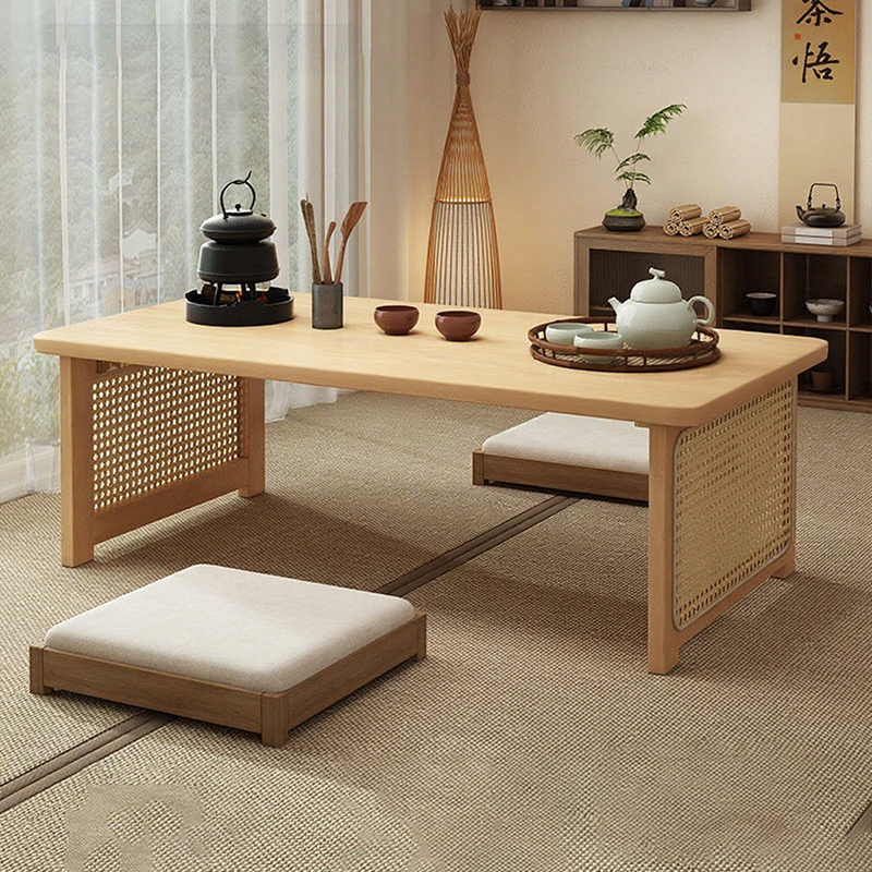 Traditional Chinese Rectangular Bamboo Rattan Coffee Table 1-Tier For Living Room