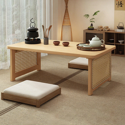 Traditional Chinese Rectangular Bamboo Rattan Coffee Table 1-Tier For Living Room