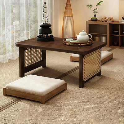 Traditional Chinese Rectangular Bamboo Rattan Coffee Table 1-Tier For Living Room