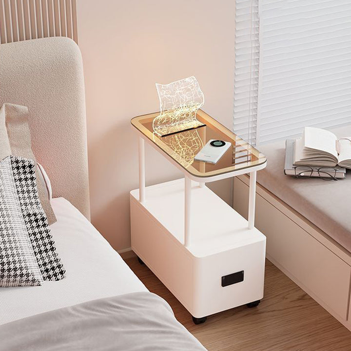 Moderner minimalistischer rechteckiger Beistelltisch aus gehärtetem Glas und Eisen mit 2 Ebenen für das Wohnzimmer 