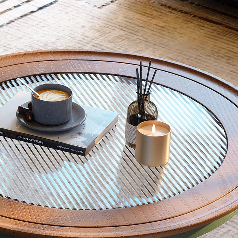 Table basse traditionnelle française ronde cylindrique en bois de pin et verre, 1 tiroir, pour salon 