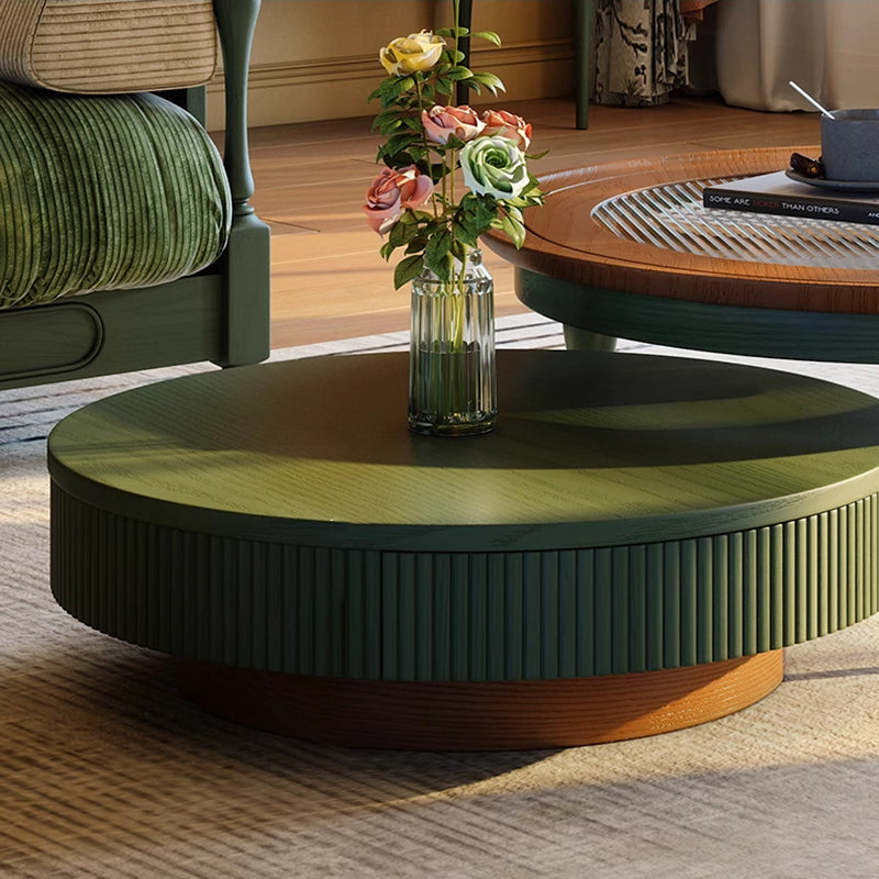Table basse traditionnelle française ronde cylindrique en bois de pin et verre, 1 tiroir, pour salon 