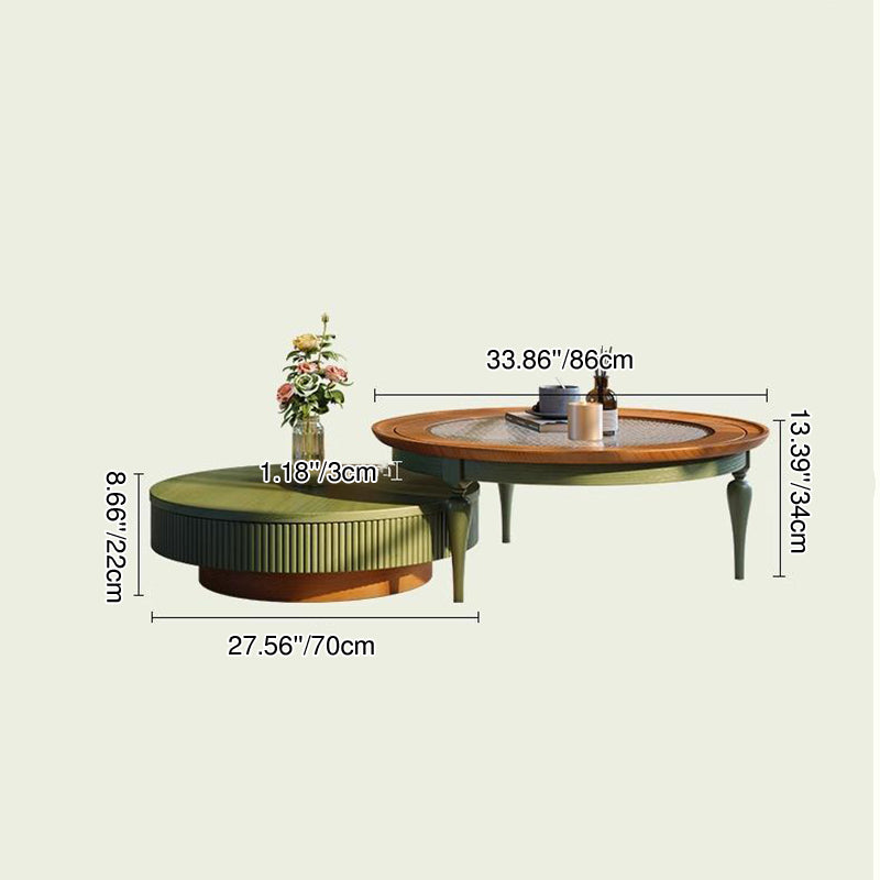 Table basse traditionnelle française ronde cylindrique en bois de pin et verre, 1 tiroir, pour salon 