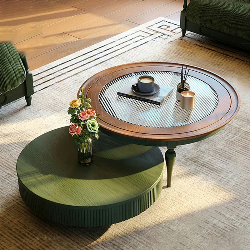 Table basse traditionnelle française ronde cylindrique en bois de pin et verre, 1 tiroir, pour salon 
