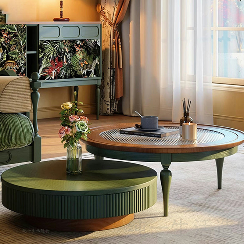 Traditional French Round Cylindrical Pine Wood Glass Coffee Table 1-Drawer For Living Room