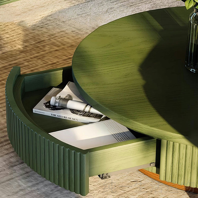 Traditional French Round Cylindrical Pine Wood Glass Coffee Table 1-Drawer For Living Room