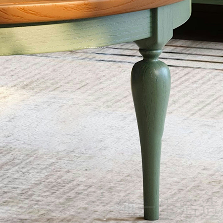 Table basse traditionnelle française ronde cylindrique en bois de pin et verre, 1 tiroir, pour salon 