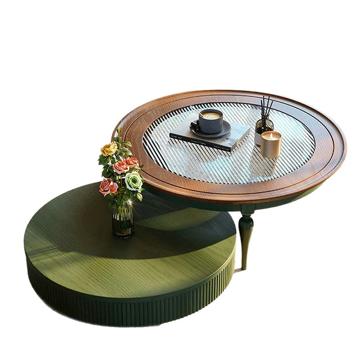 Table basse traditionnelle française ronde cylindrique en bois de pin et verre, 1 tiroir, pour salon 