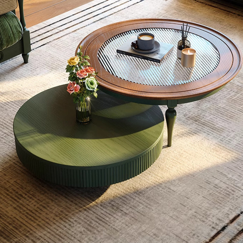 Table basse traditionnelle française ronde cylindrique en bois de pin et verre, 1 tiroir, pour salon 