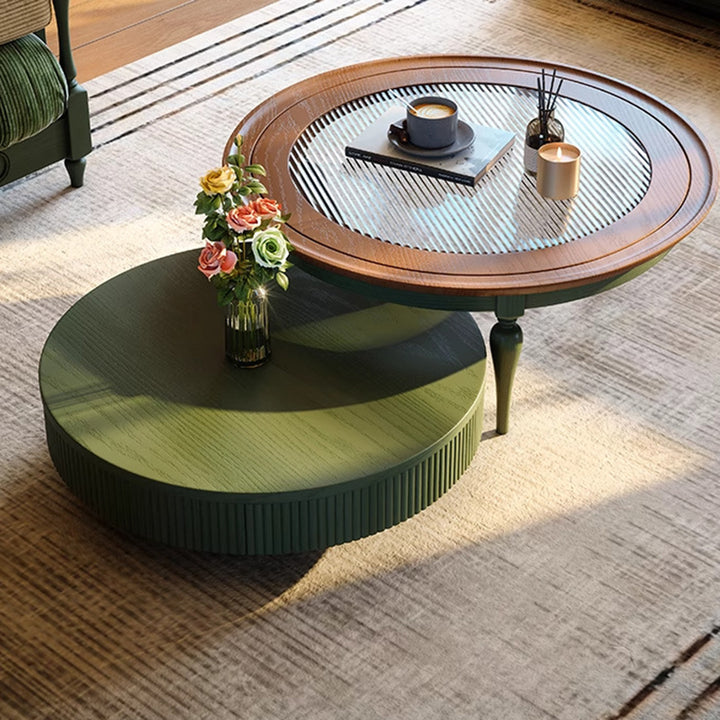 Table basse traditionnelle française ronde cylindrique en bois de pin et verre, 1 tiroir, pour salon 