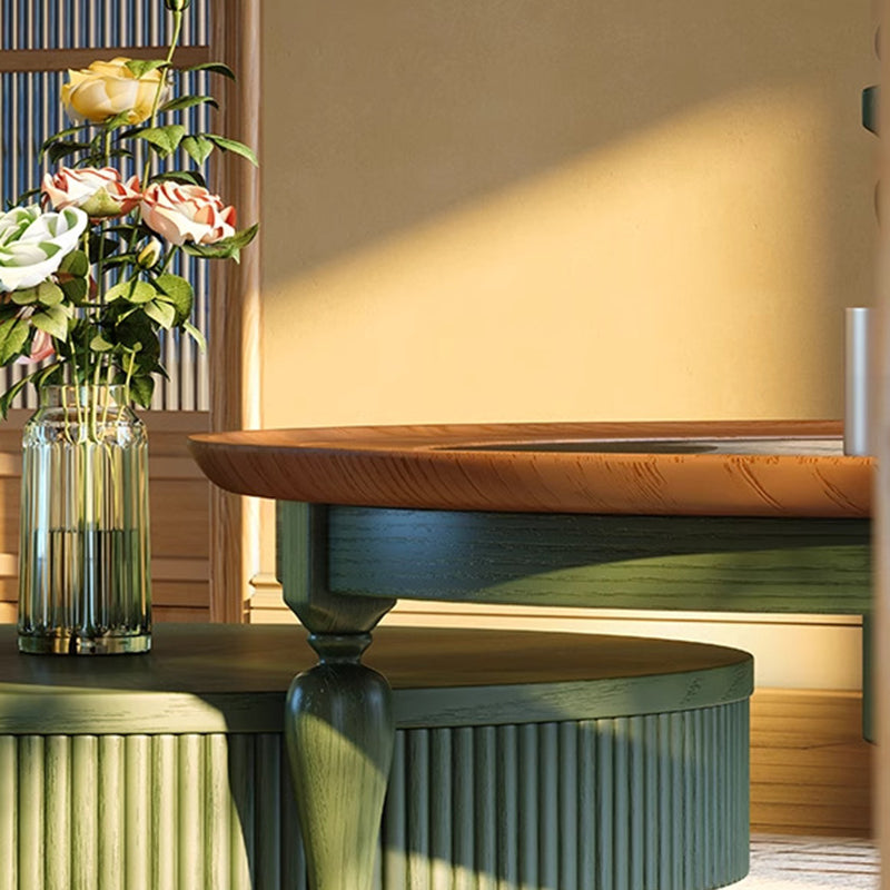 Traditional French Round Cylindrical Pine Wood Glass Coffee Table 1-Drawer For Living Room