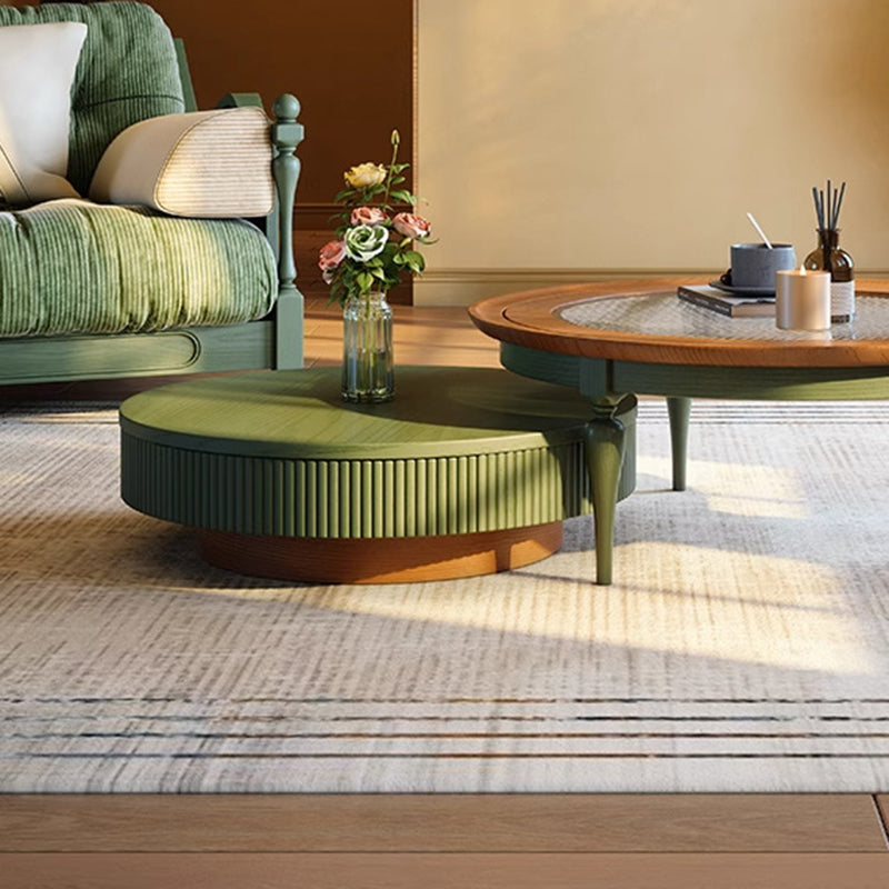 Table basse traditionnelle française ronde cylindrique en bois de pin et verre, 1 tiroir, pour salon 
