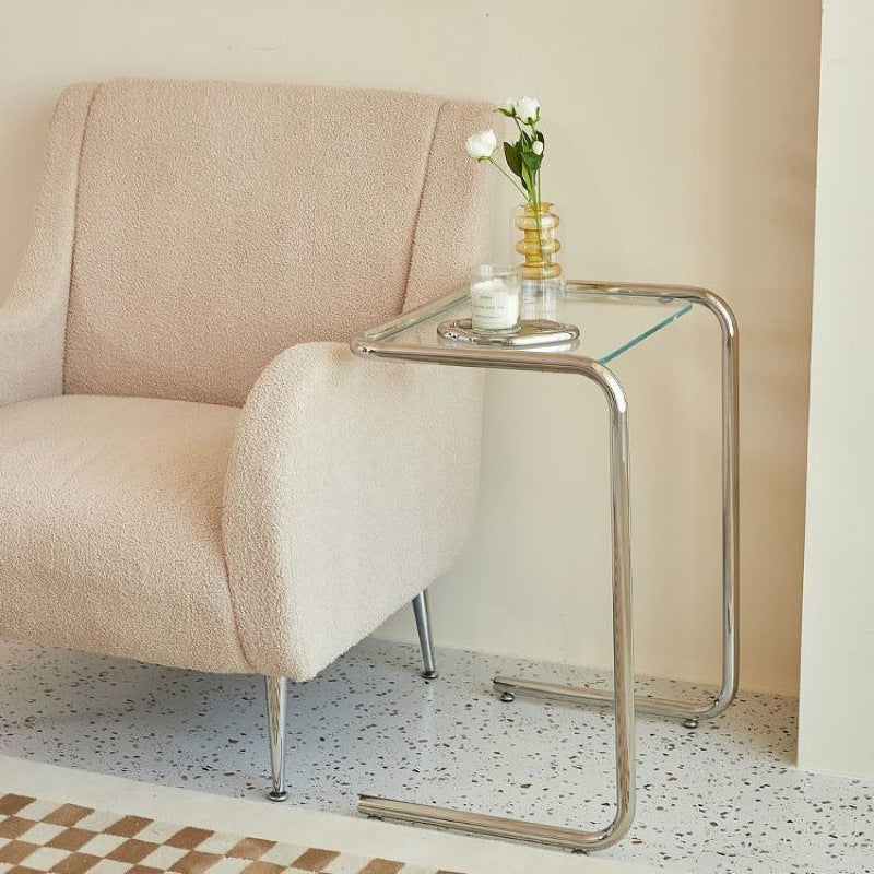 Modern Minimalist Rectangular Tempered Glass Iron Side Table 1-Tier For Living Room