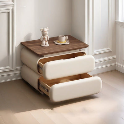 Modern Minimalist Rectangular Solid Wood Cat Claw Leather Nightstand 2-Drawer For Bedroom