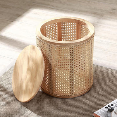 Traditional Japanese Cylindrical Solid Wood Rattan Side Table 1-Storage For Living Room