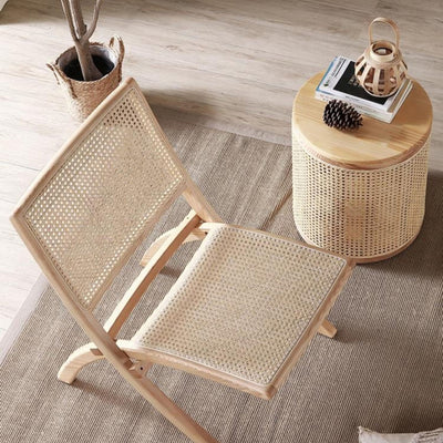 Traditional Japanese Cylindrical Solid Wood Rattan Side Table 1-Storage For Living Room