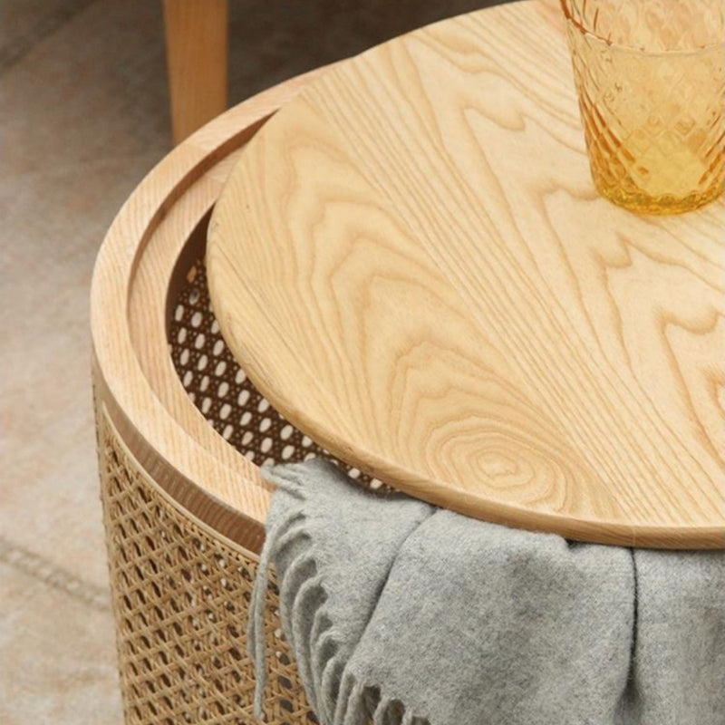 Traditional Japanese Cylindrical Solid Wood Rattan Side Table 1-Storage For Living Room